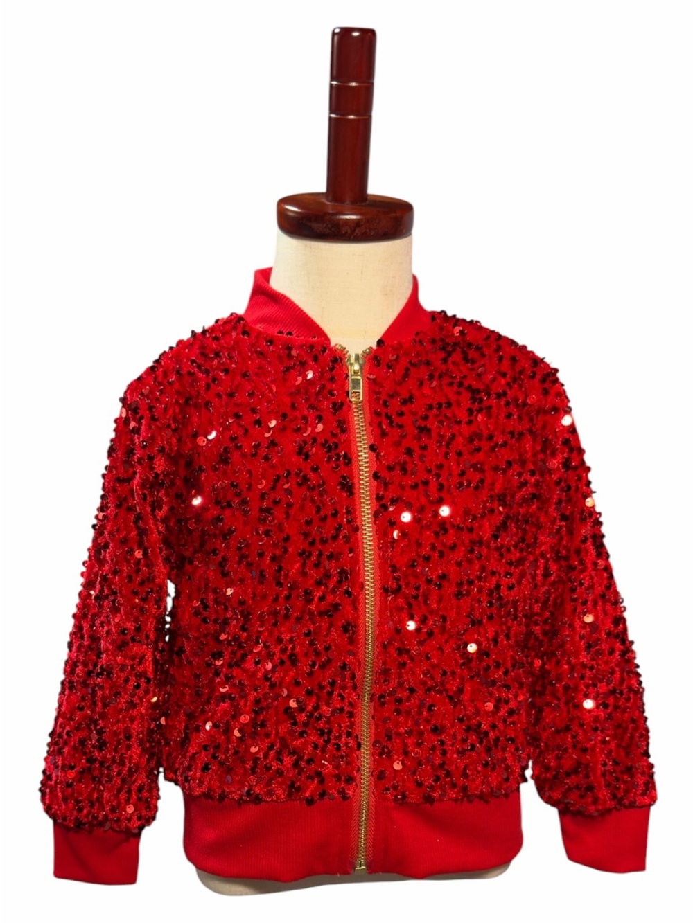 Girls Red Velvet Sequin Bomber Jacket with Gold Zip